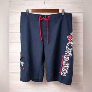 Columbia PFG Board Shorts Mens 38x11 Navy Blue & Red Shore Fishing Trunks
